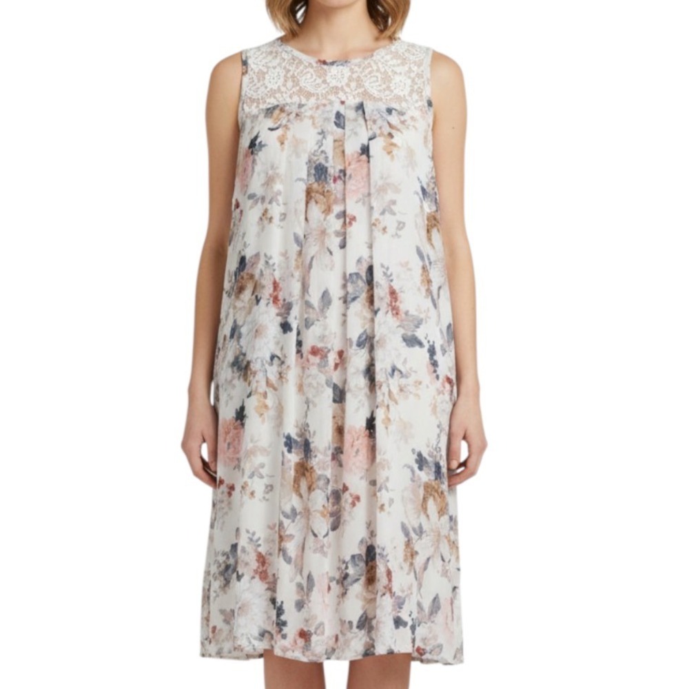 ENTRO Flowy Lined Floral Dress LACE YOKE TOP Sleeveless PALE PINK MULTI Shift S